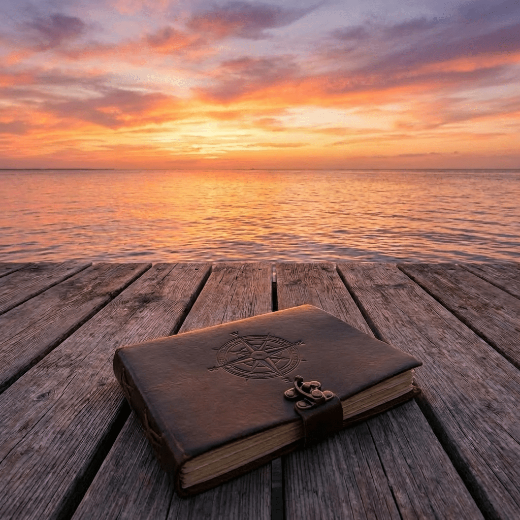 Open leather journal and pen on a wooden pier overlooking a sunset with a sailboat.