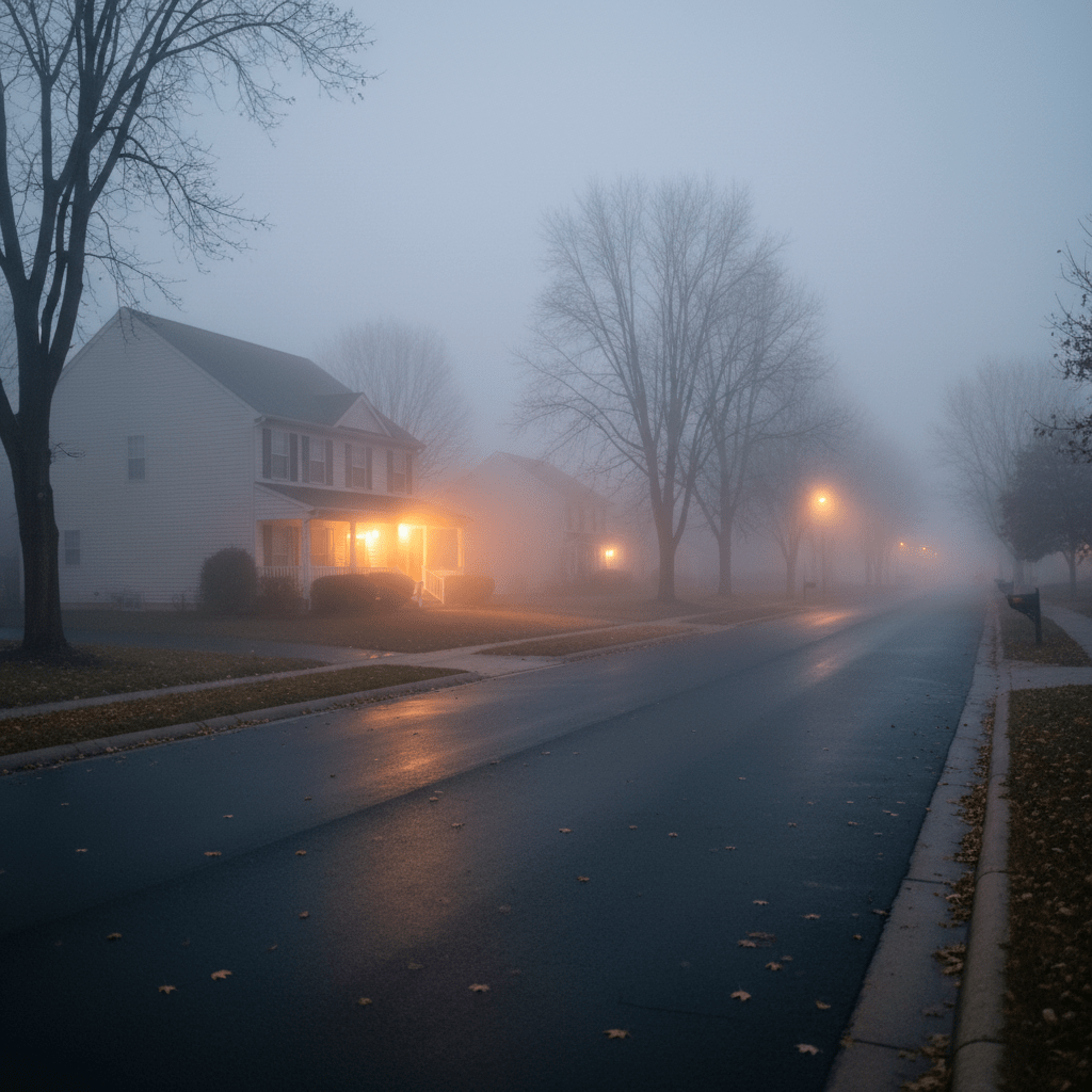 Suburban house with warm porch lights on a quiet, foggy street lined with bare trees.