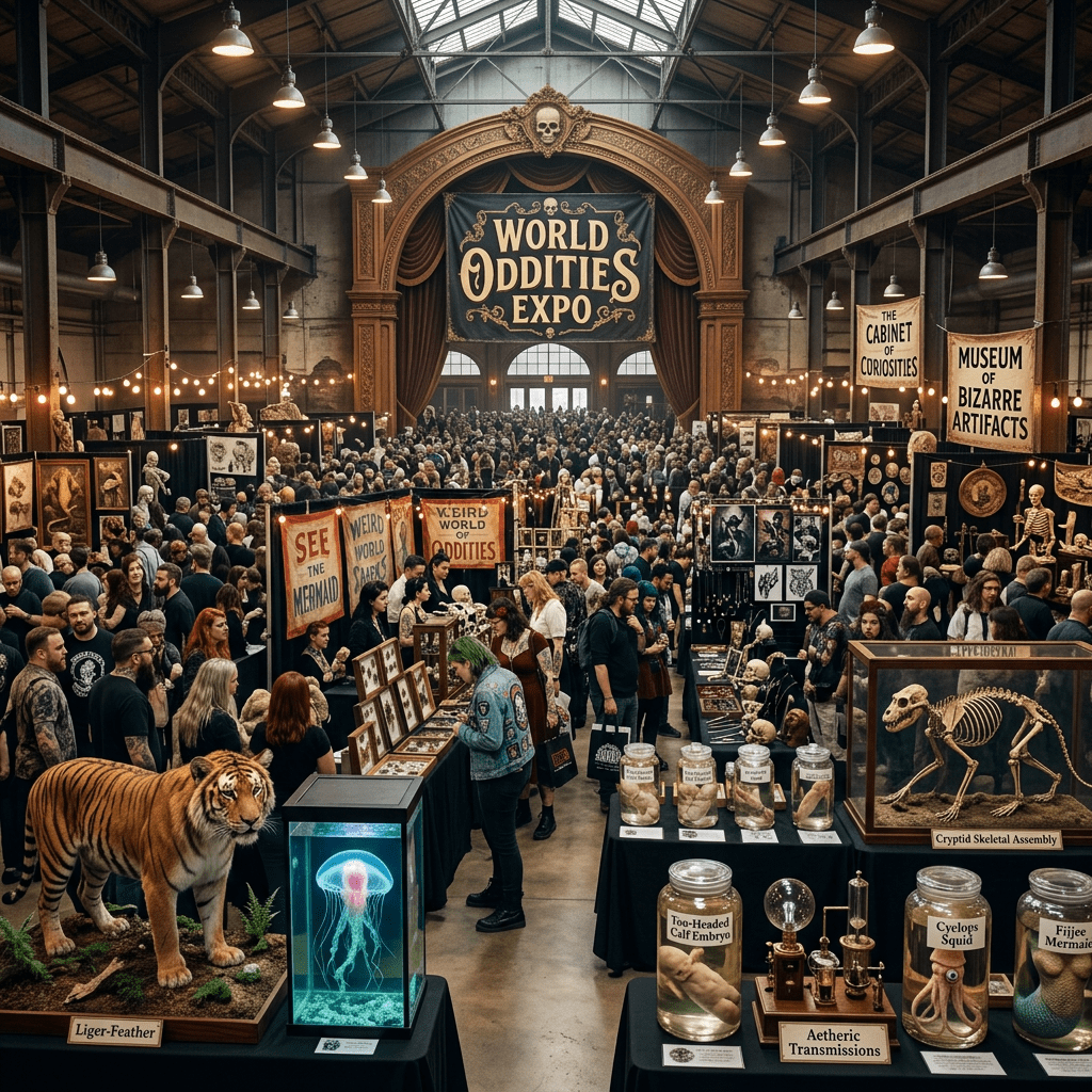 Crowded hall with people viewing oddities and curiosities exhibits including preserved specimens and skeletons