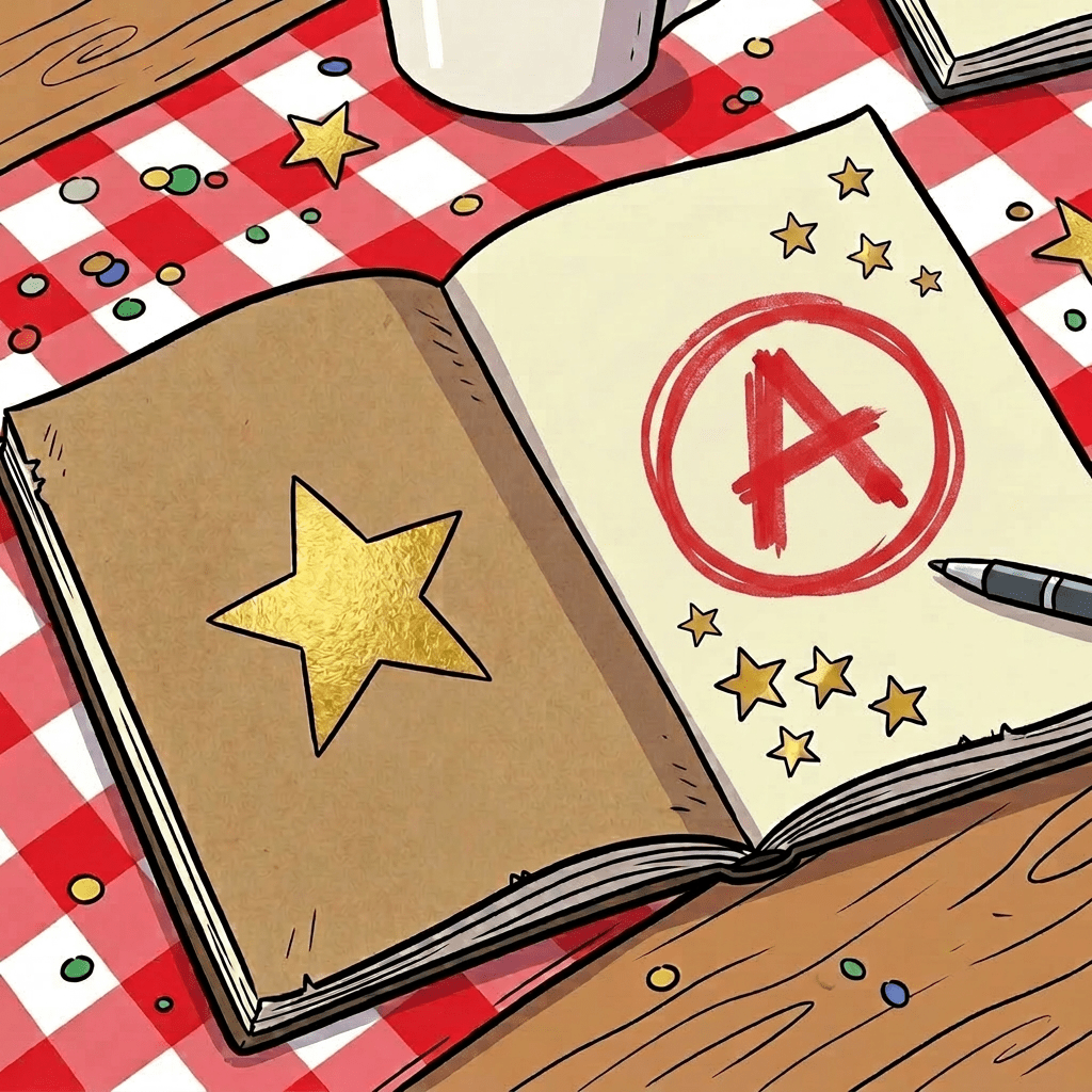 Wooden desk with open planners, pencils in jar, and decorative stars